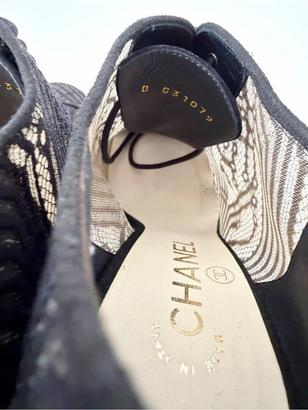 CHANEL | CC Logo Black Lace Up Booties Pearl Stiletto EU 39
